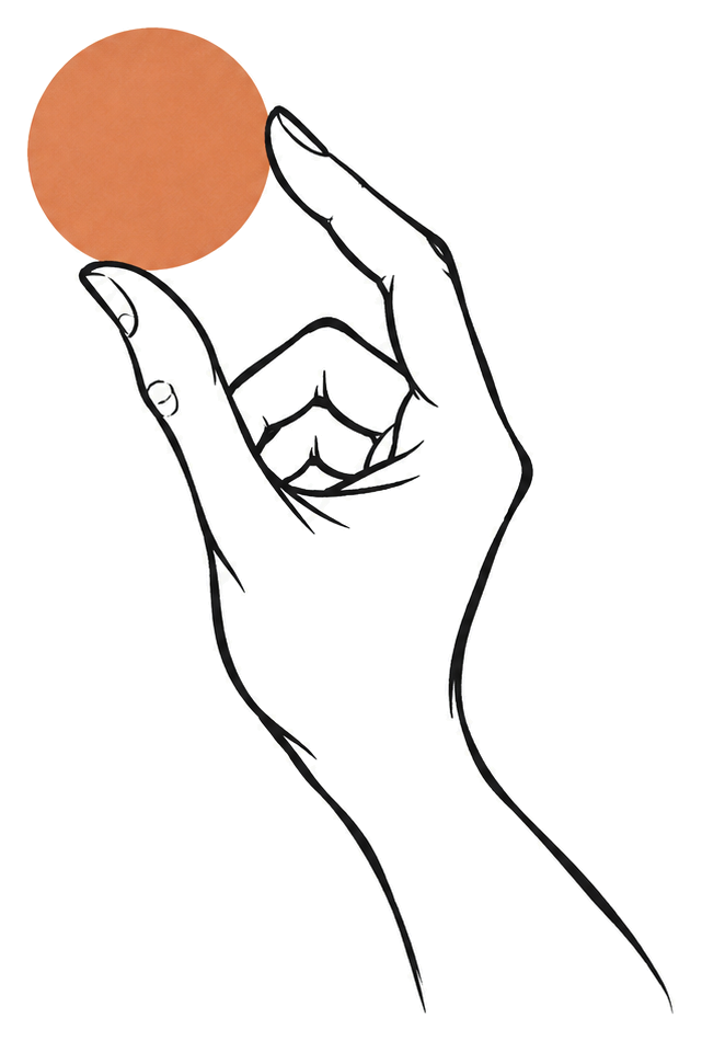 A line drawing of a hand holding an orange circle between finger and thumb.